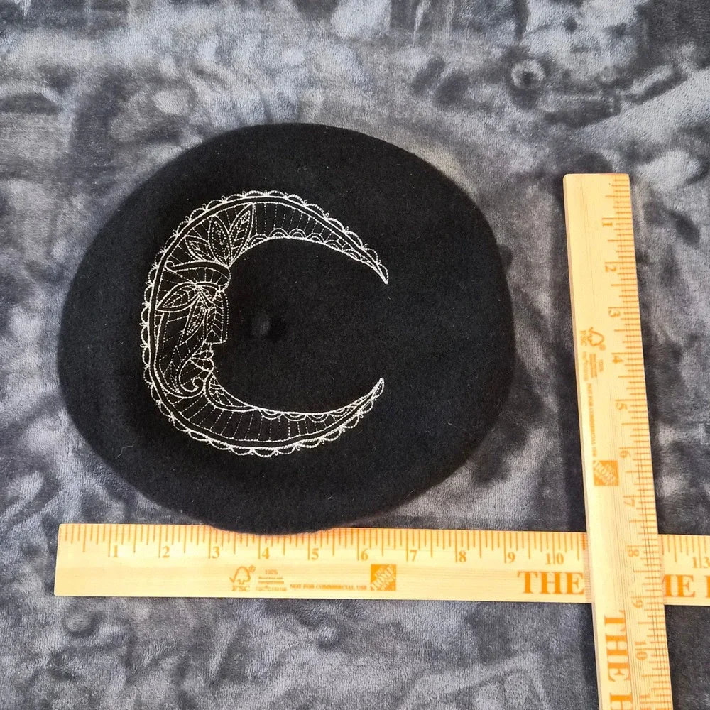 Black Wool Beret Embroidered Crescent Moon XVIII Roman Numeral Gothic Celestial